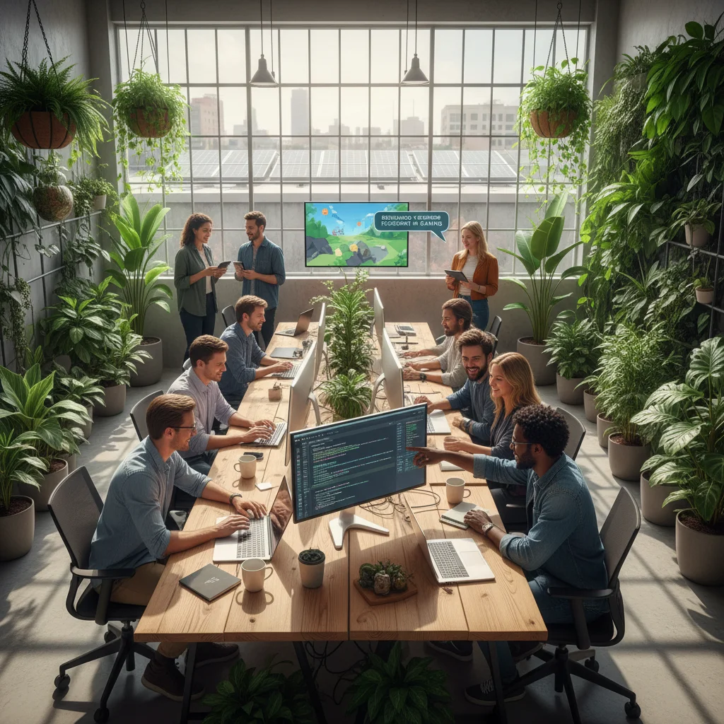Game developers collaborating in an eco-friendly office, focusing on sustainable game design.