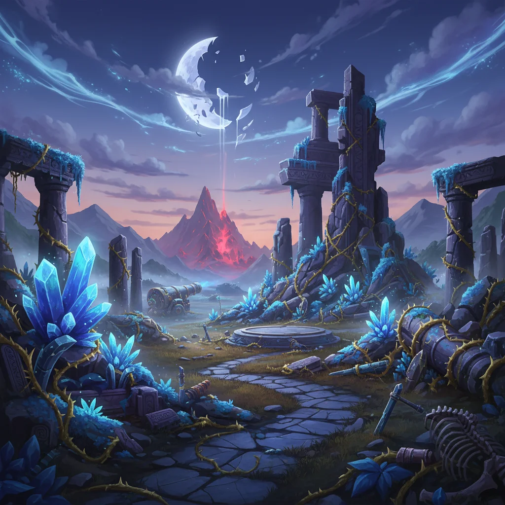 Atmospheric game landscape with ancient ruins and unique flora, showcasing environmental storytelling.