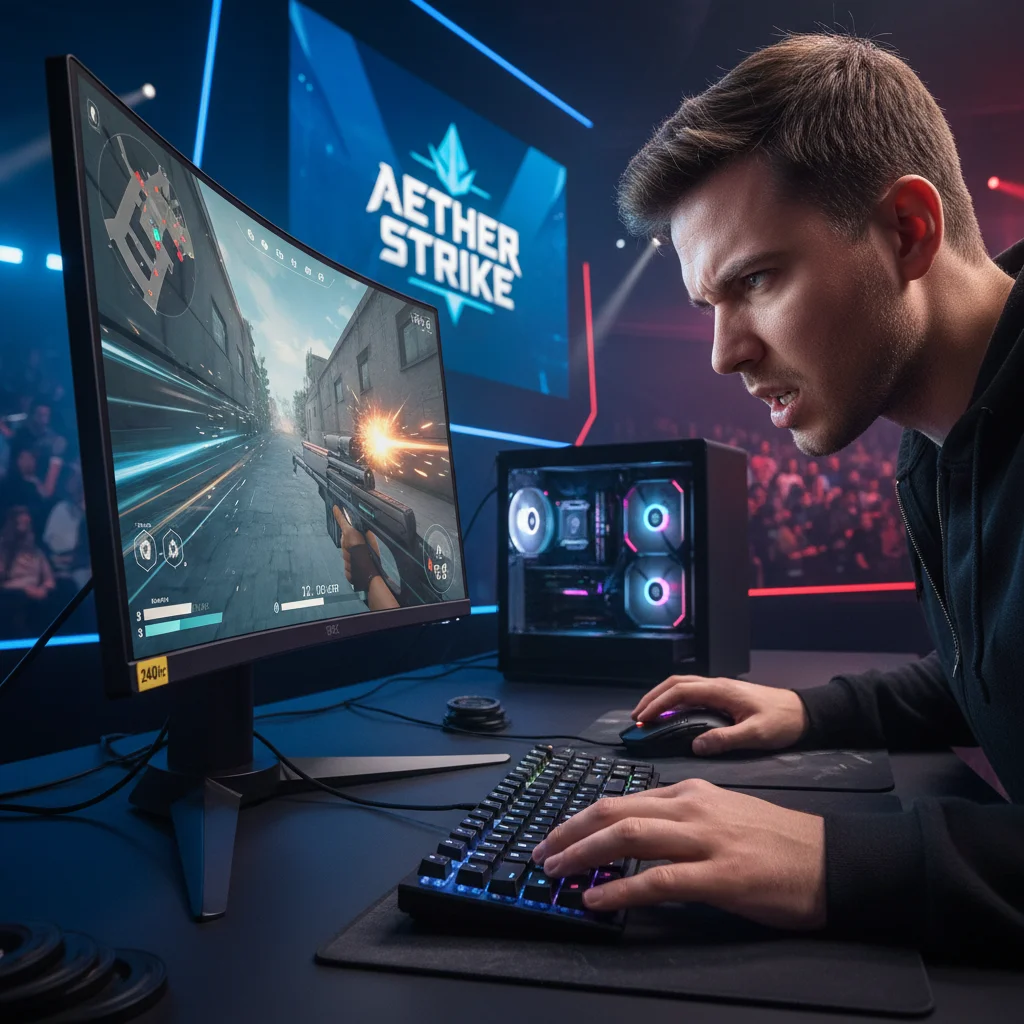 Esports player focused on high refresh rate gaming monitor during competition