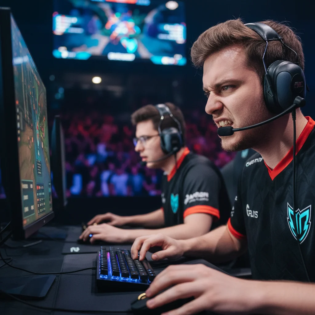 Professional esports players in intense competition, focused on screens