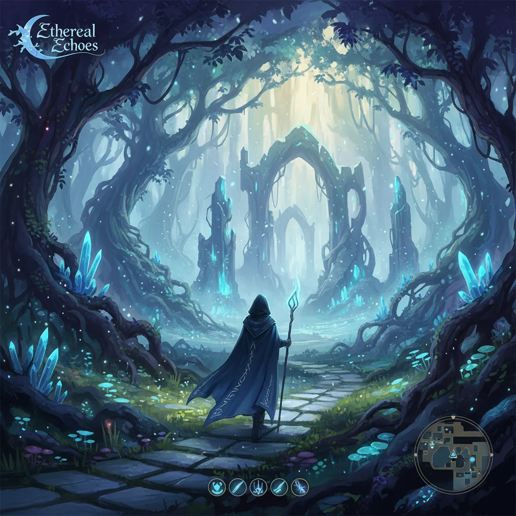 A lone figure in a mystical forest, concept art for the indie game Ethereal Echoes, showcasing atmospheric lighting and ancient ruins.