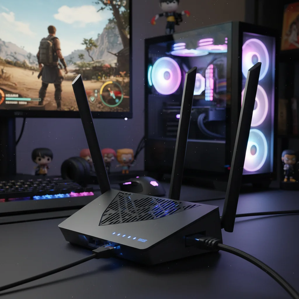 Modern Wi-Fi 6E router connected to a gaming device via an Ethernet cable, illustrating a strong wired connection