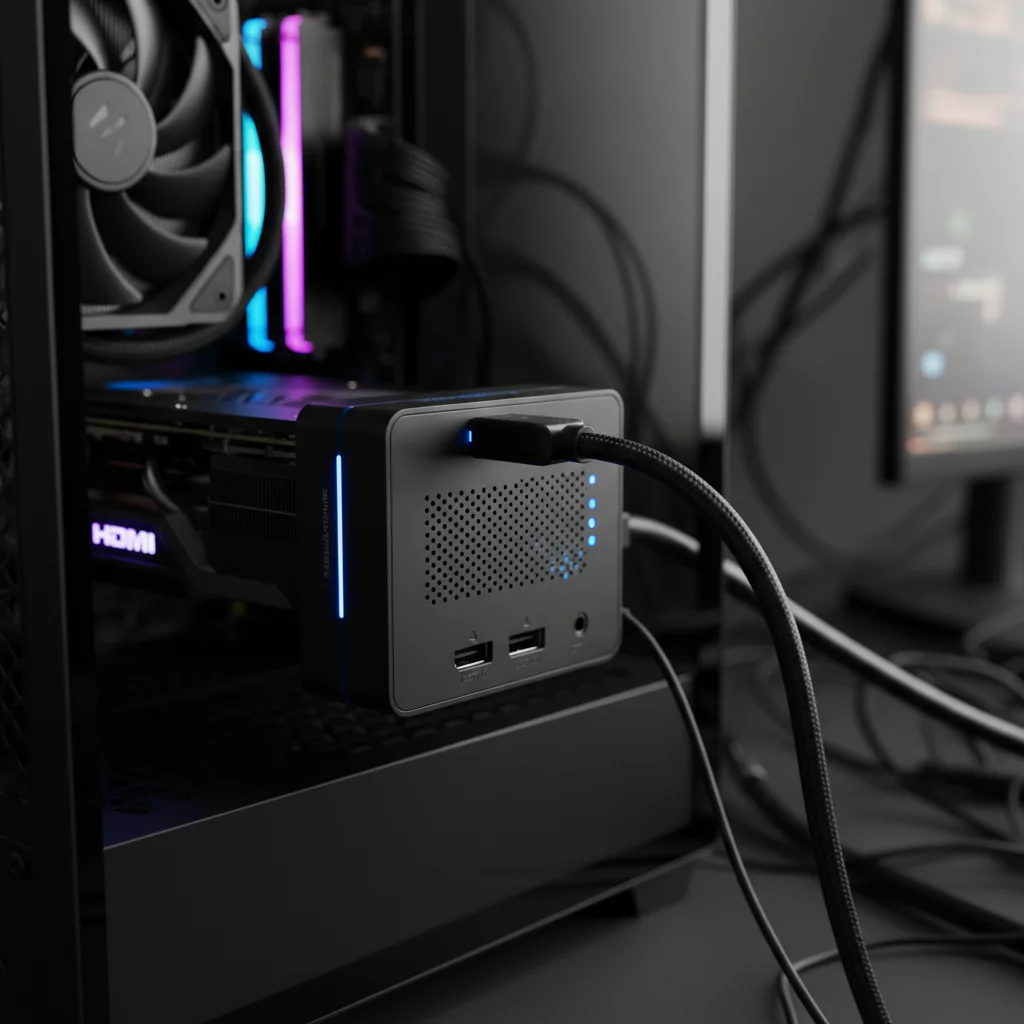 High-performance external capture card for 4K 60fps game streaming, showcasing connectivity and design.