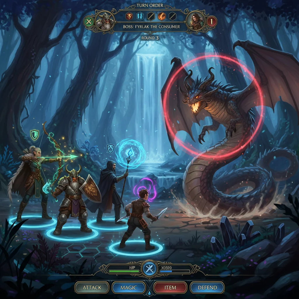 Fantasy RPG heroes in strategic combat against a mythical creature, showcasing turn-based mechanics and detailed graphics.
