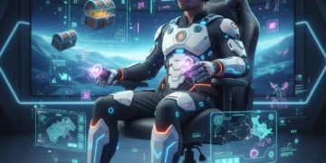 Gamer experiencing future gaming peripherals with haptic suit and VR headset
