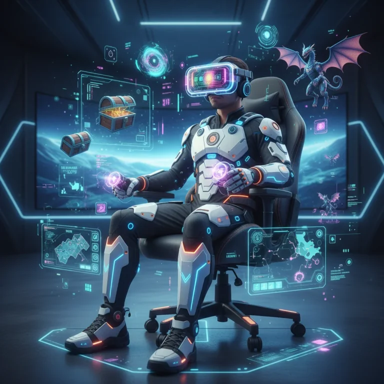 Gamer experiencing future gaming peripherals with haptic suit and VR headset