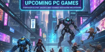 Futuristic cityscape with diverse game characters representing upcoming PC games in Q3 2026.