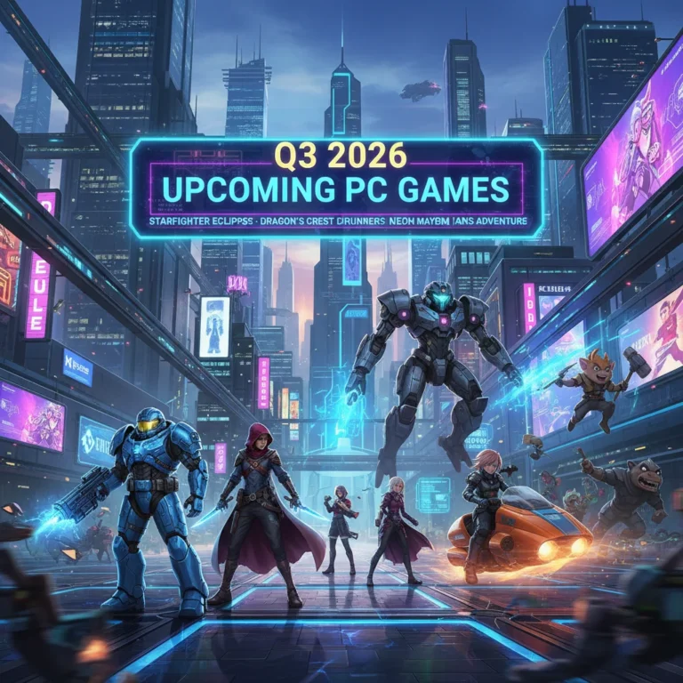 Futuristic cityscape with diverse game characters representing upcoming PC games in Q3 2026.