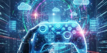 Futuristic hand holding game controller with cloud gaming data streams