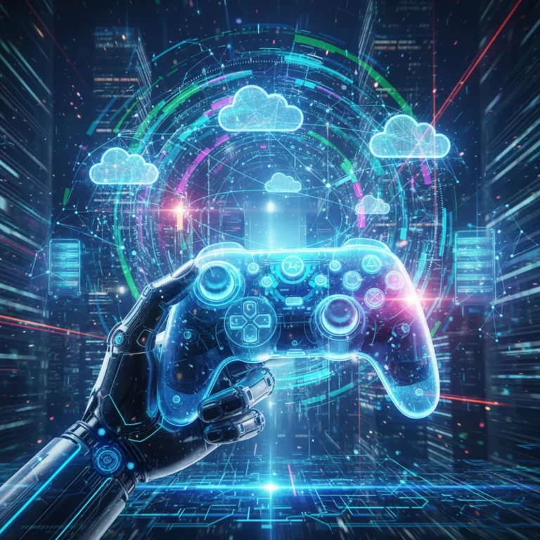 Futuristic hand holding game controller with cloud gaming data streams