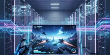 Futuristic hand holding a transparent tablet displaying a video game, illustrating cloud gaming technology.