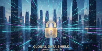 Futuristic digital cityscape with intertwining data streams and a padlock, representing US data privacy laws impacting game publishers.