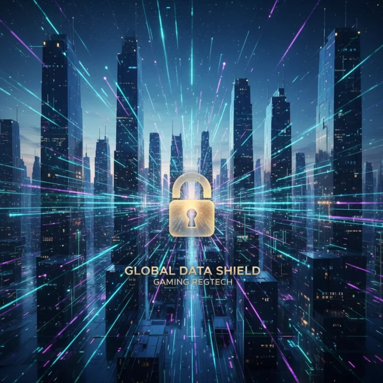 Futuristic digital cityscape with intertwining data streams and a padlock, representing US data privacy laws impacting game publishers.