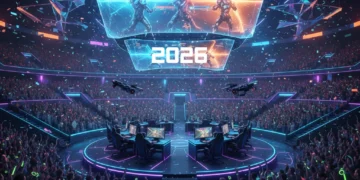 Futuristic esports arena with large screens displaying competitive gaming, year 2026