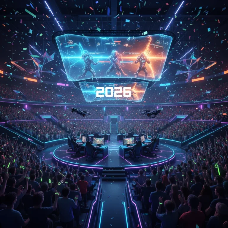 Futuristic esports arena with large screens displaying competitive gaming, year 2026