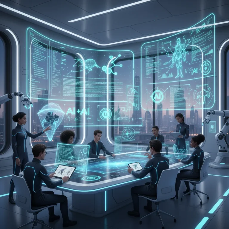 Futuristic game development studio with AI assistance