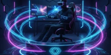 Futuristic gaming setup with soundbar and VR headset, showcasing immersive audio
