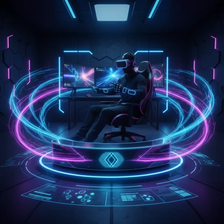 Futuristic gaming setup with soundbar and VR headset, showcasing immersive audio