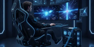 Futuristic gaming chair with advanced ergonomic features in a high-tech gaming setup, providing optimal posture and comfort.