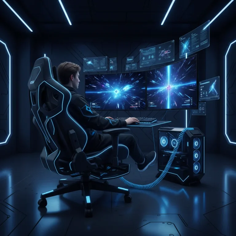 Futuristic gaming chair with advanced ergonomic features in a high-tech gaming setup, providing optimal posture and comfort.