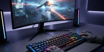 Futuristic gaming keyboard with RGB lighting and ergonomic design on a desk setup.