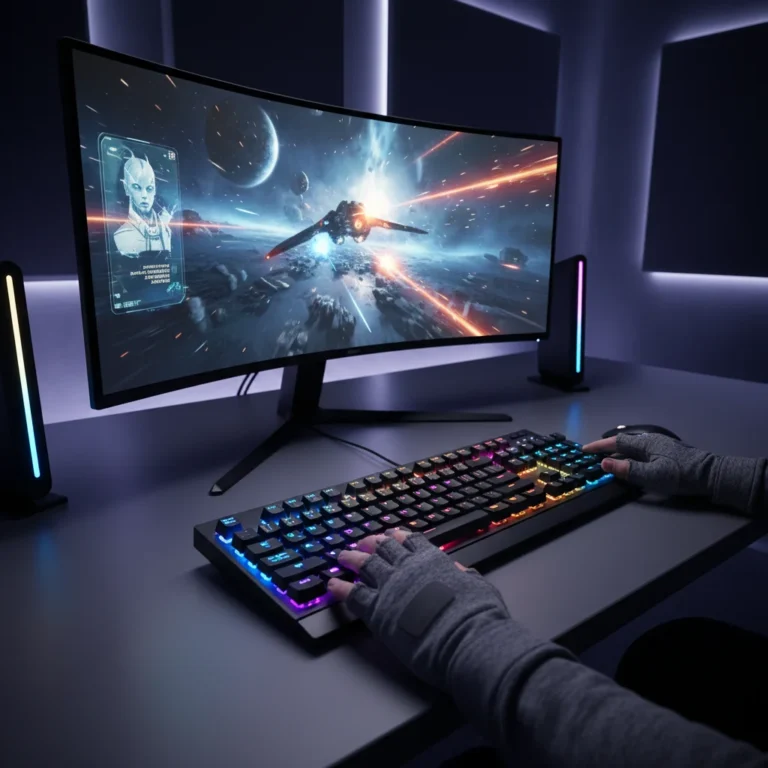 Futuristic gaming keyboard with RGB lighting and ergonomic design on a desk setup.