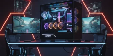 Futuristic gaming PC with advanced liquid cooling system