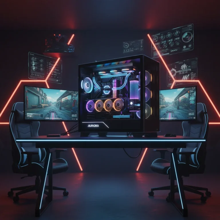 Futuristic gaming PC with advanced liquid cooling system