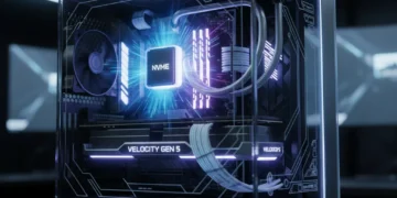 Futuristic gaming PC with glowing NVMe Gen 5 SSD, representing cutting-edge storage technology for high-performance gaming.