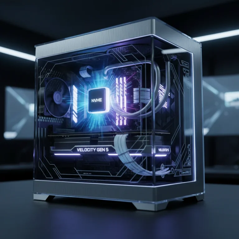 Futuristic gaming PC with glowing NVMe Gen 5 SSD, representing cutting-edge storage technology for high-performance gaming.