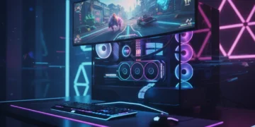 Futuristic gaming PC setup with powerful graphics card and curved monitor