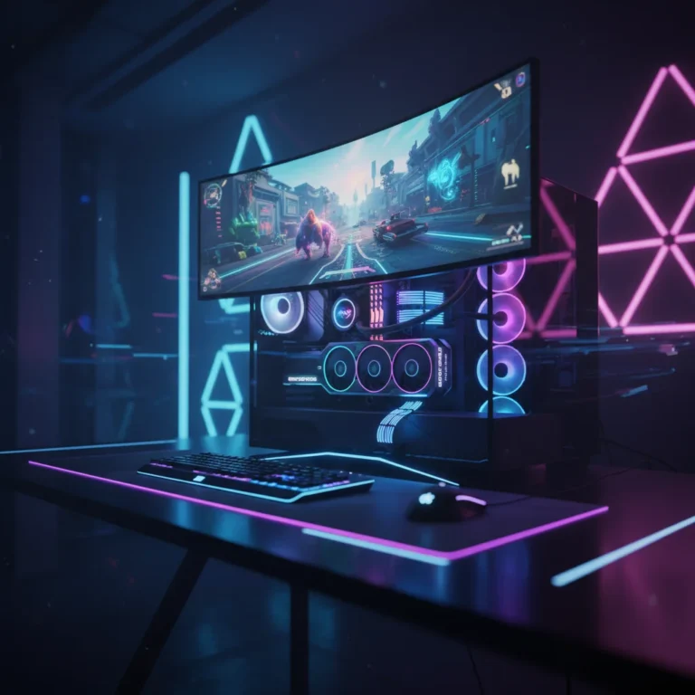 Futuristic gaming PC setup with powerful graphics card and curved monitor