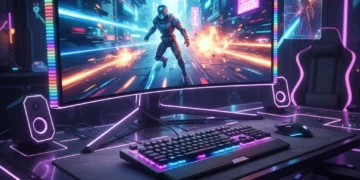 Futuristic gaming setup with high refresh rate monitor and RGB lighting