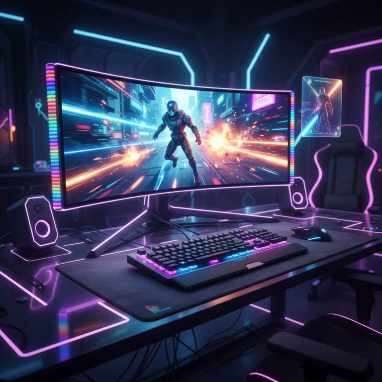 Futuristic gaming setup with high refresh rate monitor and RGB lighting