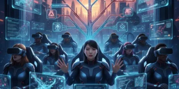 Futuristic gamers deeply engaged in interactive storytelling with advanced holographic interfaces.