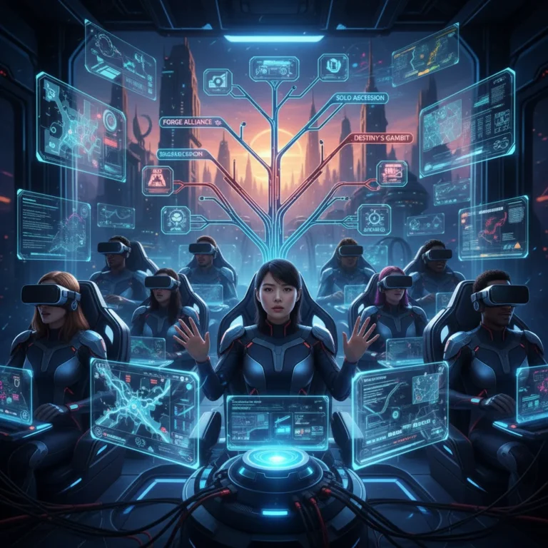 Futuristic gamers deeply engaged in interactive storytelling with advanced holographic interfaces.