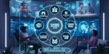 Futuristic gaming subscription interface with multiple service logos and gamers in the background.
