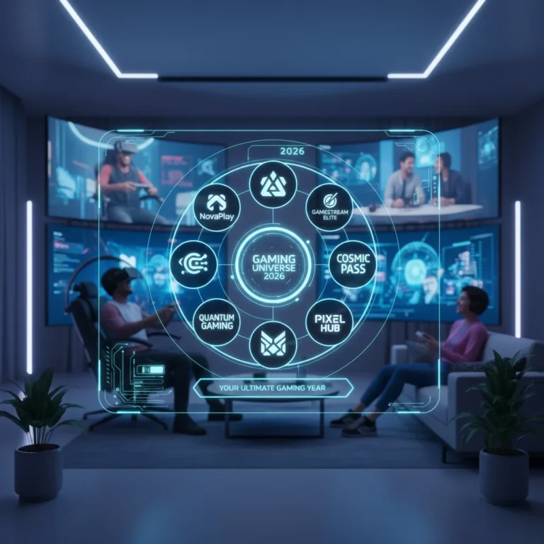 Futuristic gaming subscription interface with multiple service logos and gamers in the background.