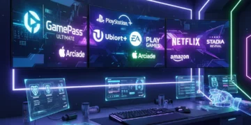 Futuristic gaming setup with subscription logos, symbolising 2026 gaming choices.