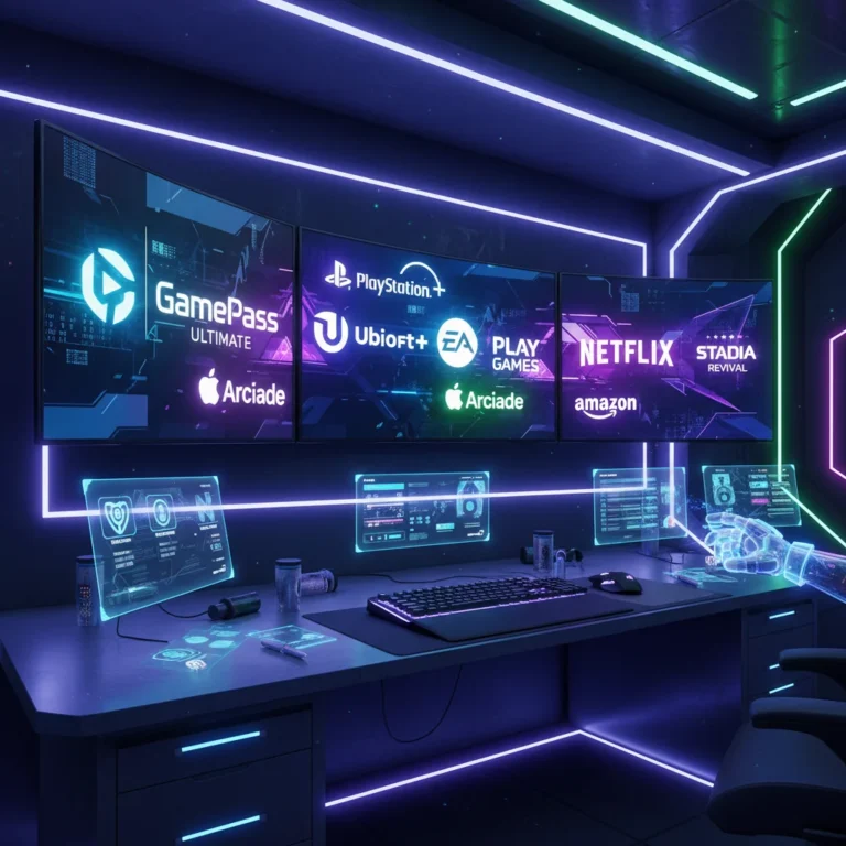 Futuristic gaming setup with subscription logos, symbolising 2026 gaming choices.