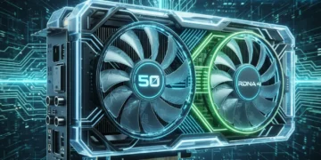 Futuristic GPU with glowing lights and circuit patterns, symbolising advanced graphics technology.