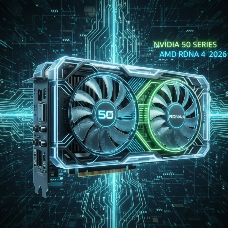 Futuristic GPU with glowing lights and circuit patterns, symbolising advanced graphics technology.