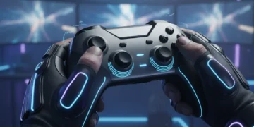Futuristic gaming controller with advanced haptic feedback technology, glowing zones.