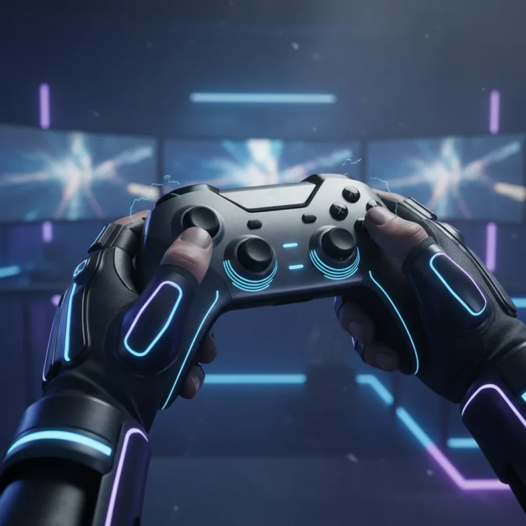 Futuristic gaming controller with advanced haptic feedback technology, glowing zones.