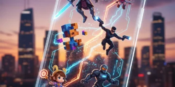Futuristic mobile gaming interface with diverse characters in a city backdrop.