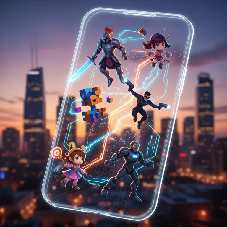Futuristic mobile gaming interface with diverse characters in a city backdrop.