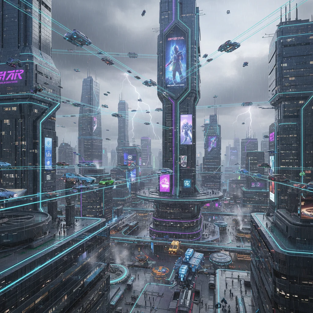 Futuristic open-world city with flying vehicles and neon lights, depicting immersive gameplay.