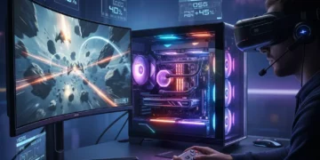 Futuristic PC gaming setup with glowing RGB lights, multiple screens, and a gamer focused on high-performance gameplay, showing a 25% FPS boost.