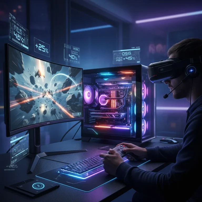 Futuristic PC gaming setup with glowing RGB lights, multiple screens, and a gamer focused on high-performance gameplay, showing a 25% FPS boost.