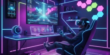 Gamer immersed in a futuristic smart home setup with RGB lighting and integrated devices.